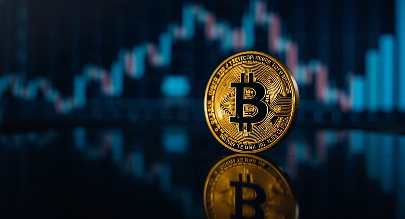 Bitcoin coin on a reflective surface with bokeh lights, symbolizing market momentum