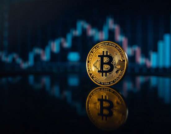 Bitcoin coin on a reflective surface with bokeh lights, symbolizing market momentum