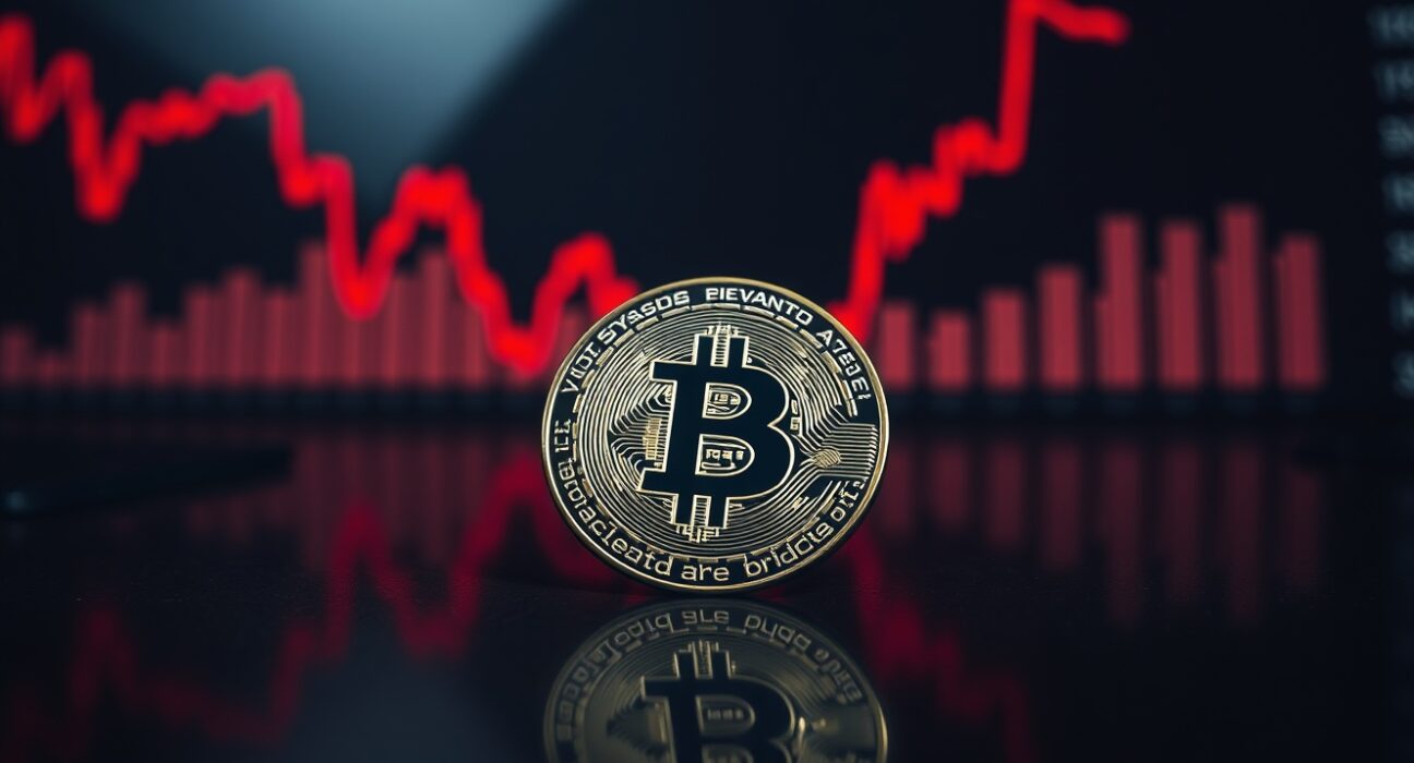 Bitcoin coin on dark surface with red declining chart projection indicating market drop