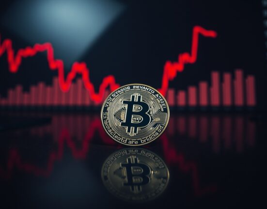 Bitcoin coin on dark surface with red declining chart projection indicating market drop