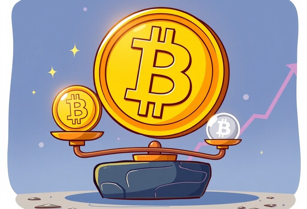 A cartoon illustration showing Bitcoin's true potential, highlighting its significant fair value compared to its current market price, suggesting BTC is undervalued.