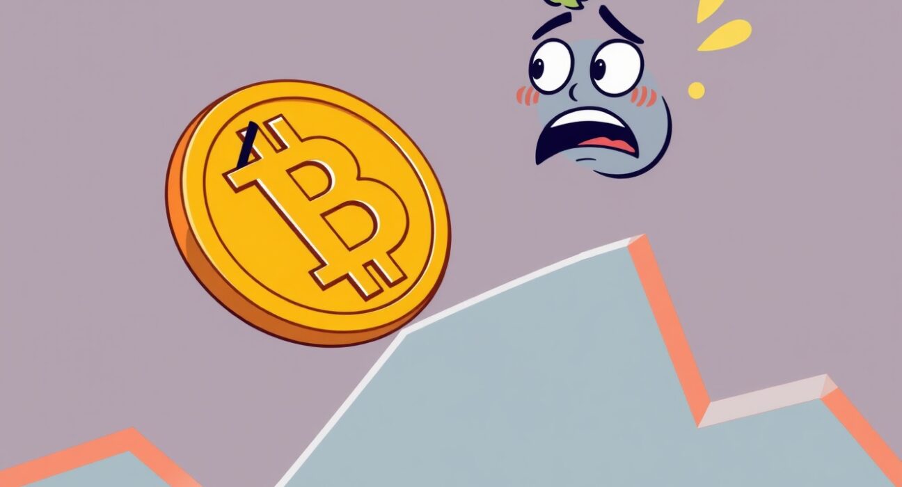 Cartoon showing a Bitcoin (BTC) coin declining, illustrating the recent Bitcoin fall below $102,000 and market movements.