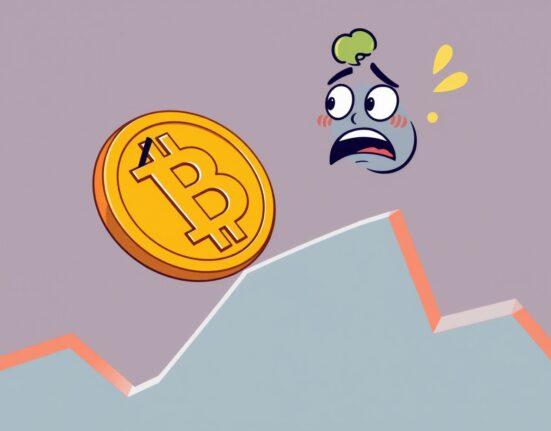 Cartoon showing a Bitcoin (BTC) coin declining, illustrating the recent Bitcoin fall below $102,000 and market movements.