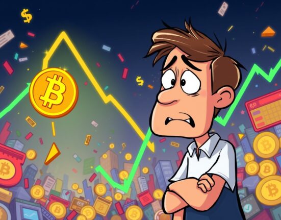 A dramatic illustration showing the Bitcoin price falling below $100,000, conveying market concern.