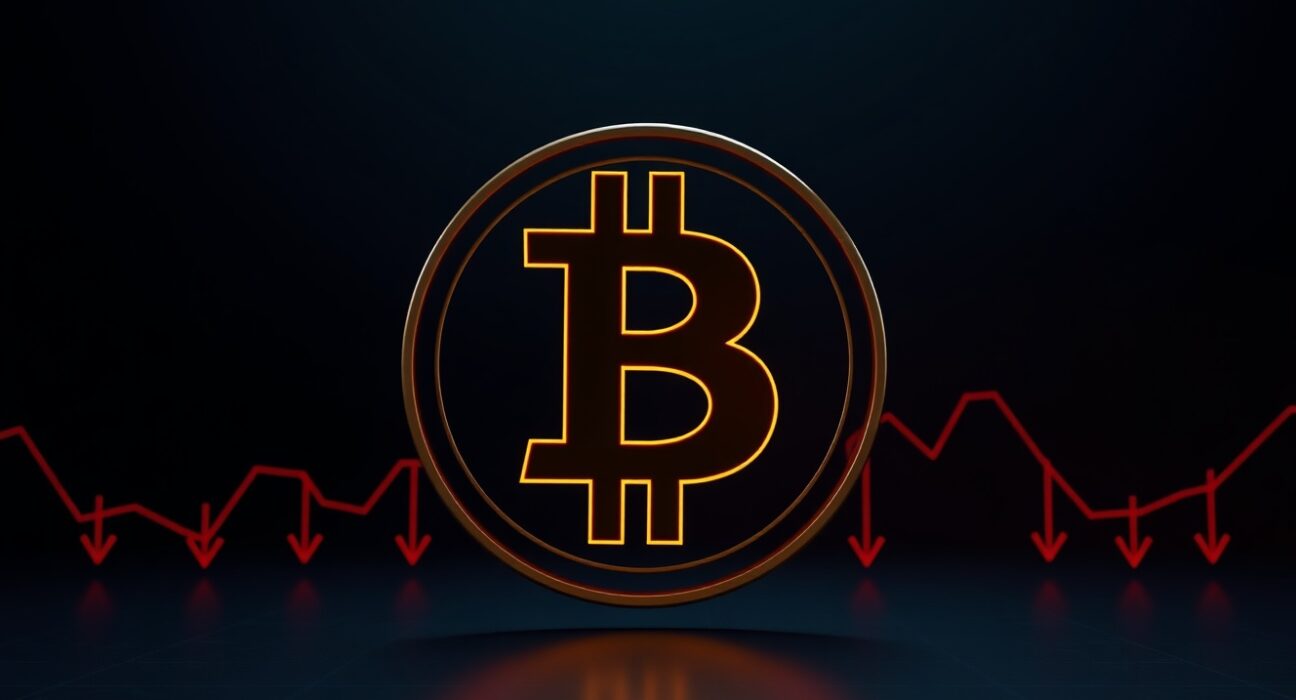 Bitcoin symbol against dark background with red chart lines indicating price drop