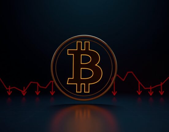 Bitcoin symbol against dark background with red chart lines indicating price drop