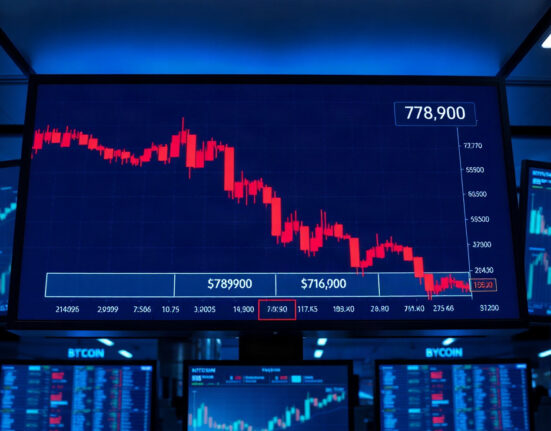 Bitcoin price chart showing a decline below $79,000 on a trading screen