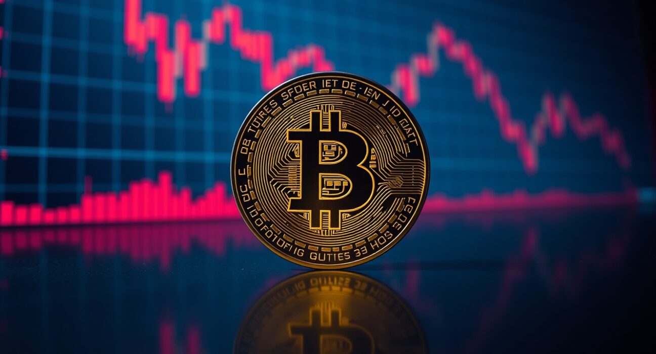 Bitcoin coin on reflective surface with red trading charts in background