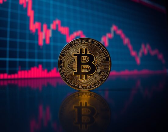 Bitcoin coin on reflective surface with red trading charts in background