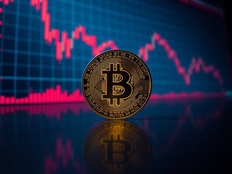 Bitcoin coin on reflective surface with red trading charts in background