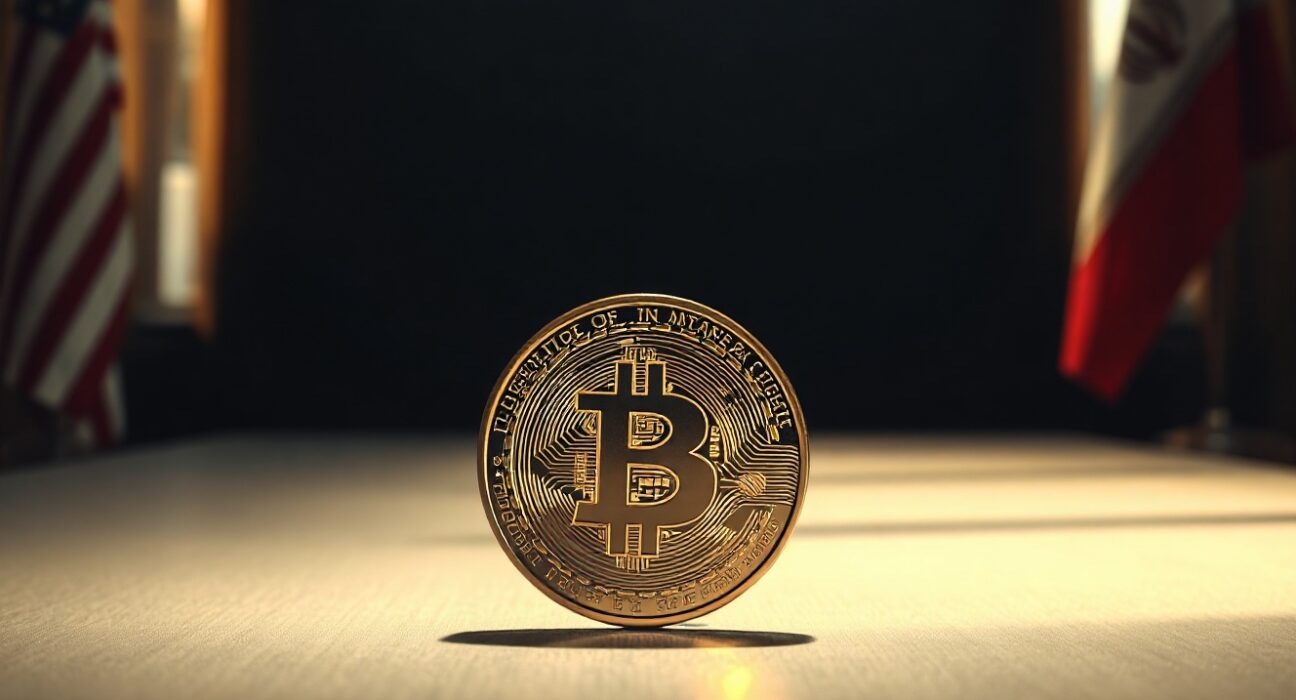Bitcoin coin in foreground with blurred American and Iranian flags in background representing geopolitical risk.