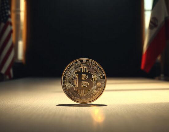 Bitcoin coin in foreground with blurred American and Iranian flags in background representing geopolitical risk.