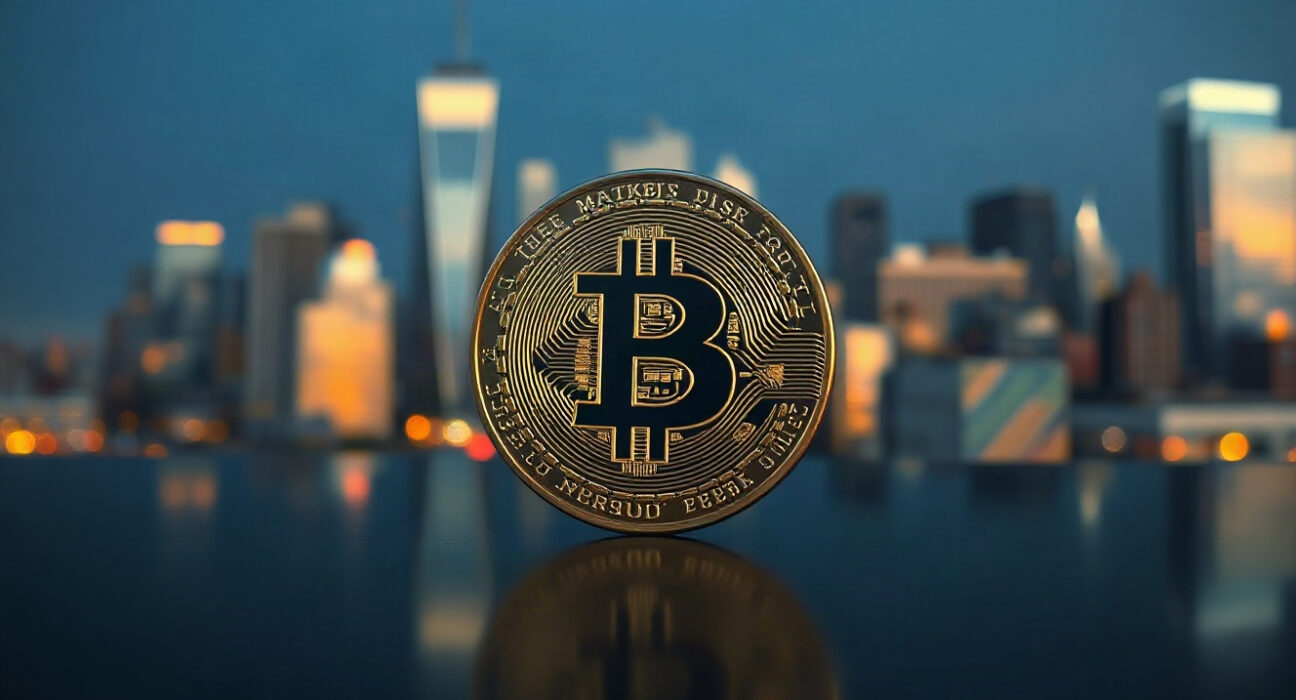 Bitcoin coin on reflective surface with financial district skyline in background
