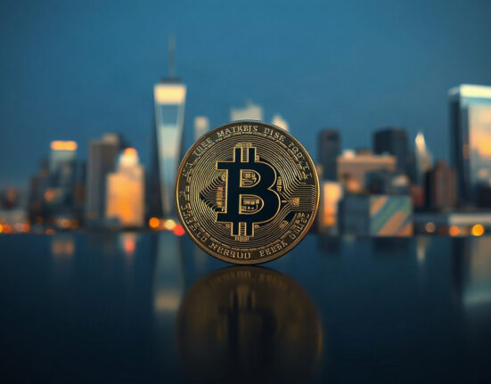Bitcoin coin on reflective surface with financial district skyline in background