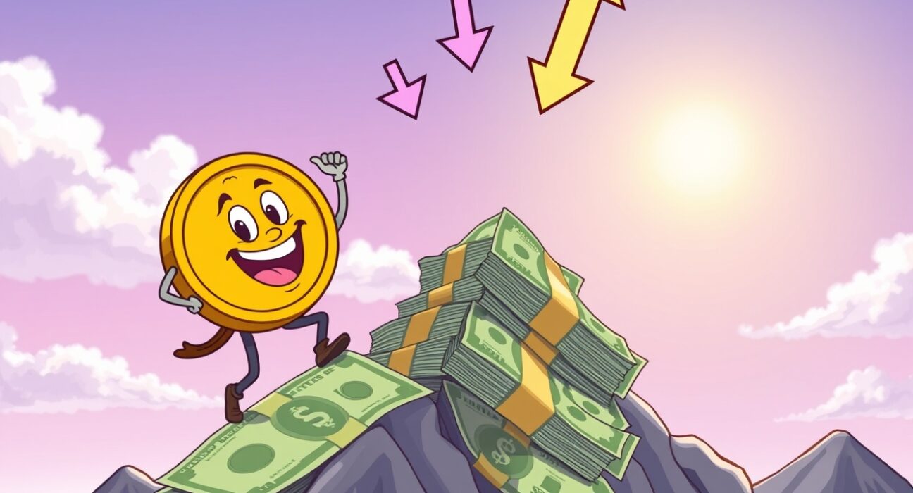 A cartoon Bitcoin character climbing a mountain of dollars, symbolizing Bitcoin pricing in Fed rate cuts.