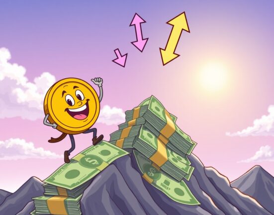A cartoon Bitcoin character climbing a mountain of dollars, symbolizing Bitcoin pricing in Fed rate cuts.