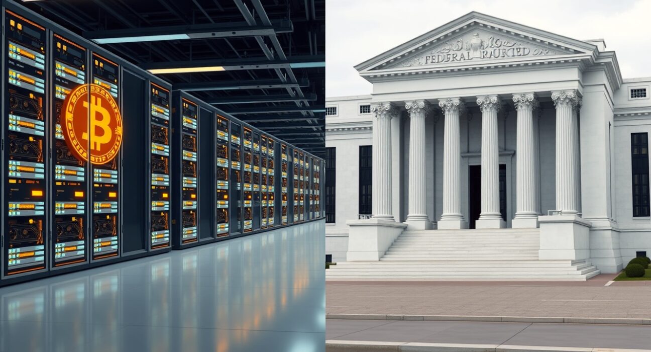 Contrast between Bitcoin creation and Federal Reserve building representing institutional reform challenges