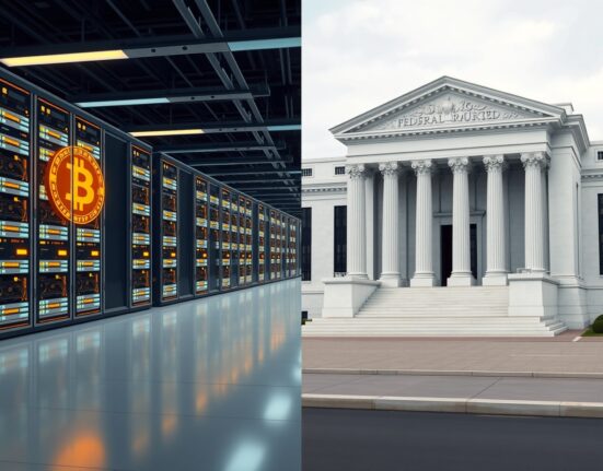 Contrast between Bitcoin creation and Federal Reserve building representing institutional reform challenges
