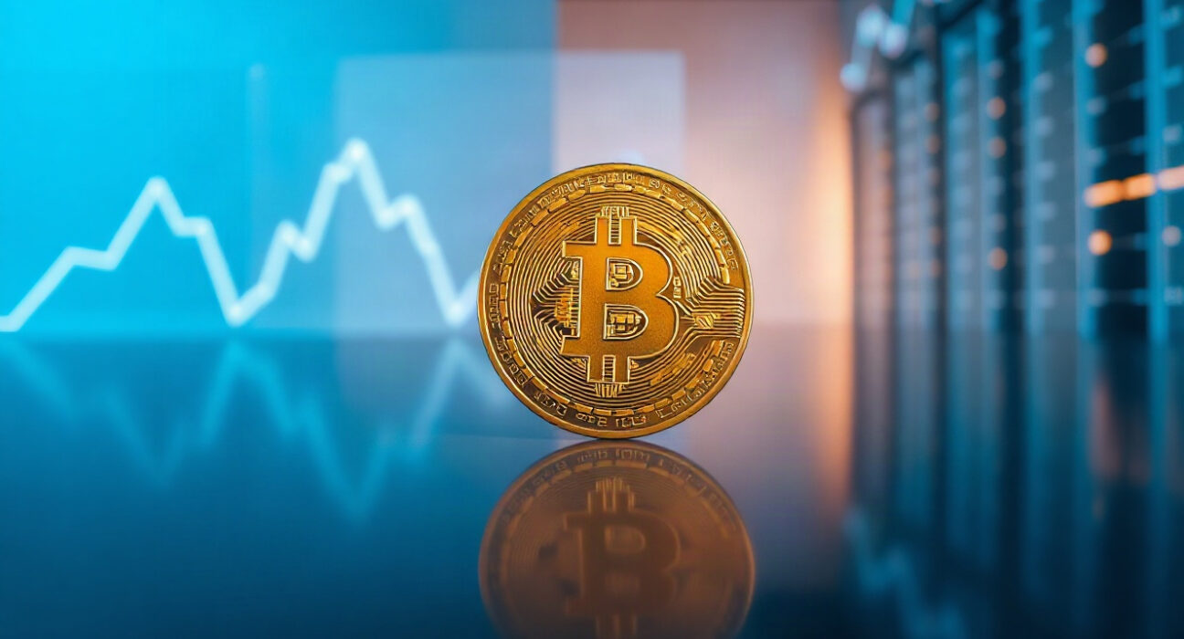 Bitcoin coin in a dark trading environment with a subtle price chart line in the background