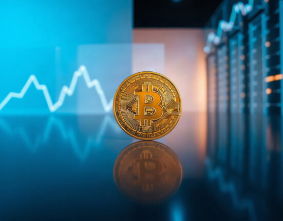 Bitcoin coin in a dark trading environment with a subtle price chart line in the background