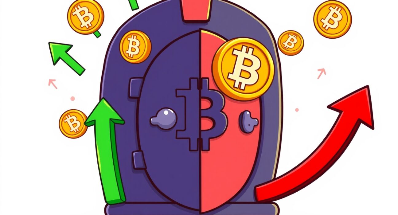 Strategy maintaining Bitcoin financial health through market volatility with secure vault illustration