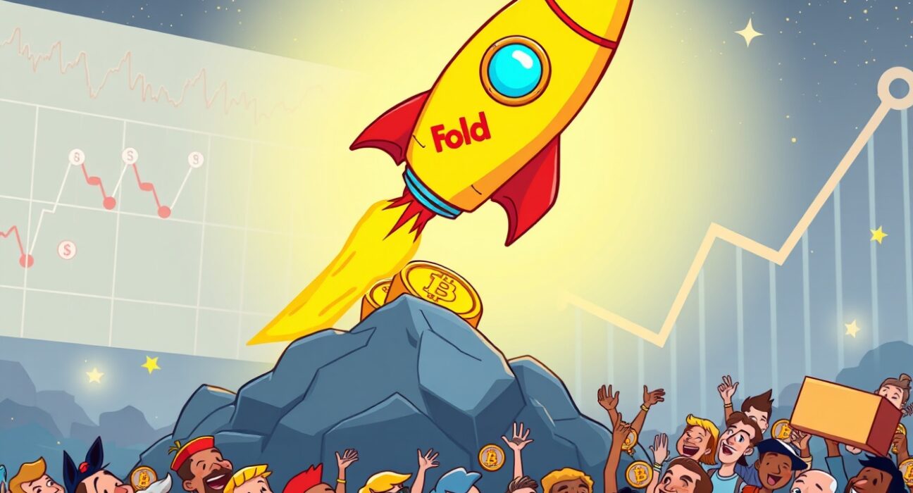 Bitcoin fintech firm Fold Holdings represented as a rocket launching into the financial markets.