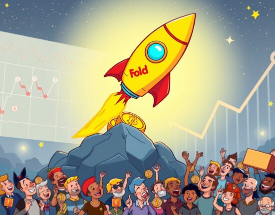 Bitcoin fintech firm Fold Holdings represented as a rocket launching into the financial markets.