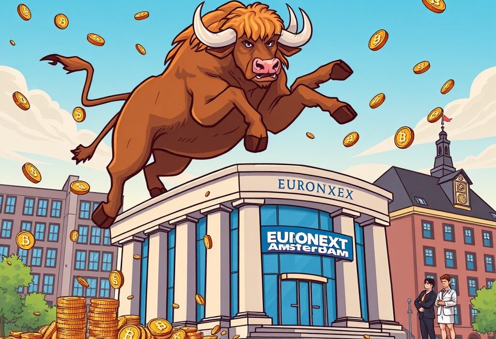 A vibrant cartoon showing a Bitcoin firm listing on Euronext Amsterdam, symbolizing a new era for crypto investment.