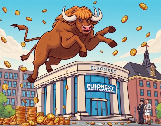 A vibrant cartoon showing a Bitcoin firm listing on Euronext Amsterdam, symbolizing a new era for crypto investment.
