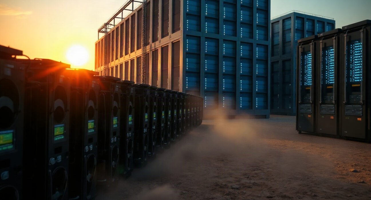 Bitcoin mining rigs idle as hash rate declines, with AI data center in background