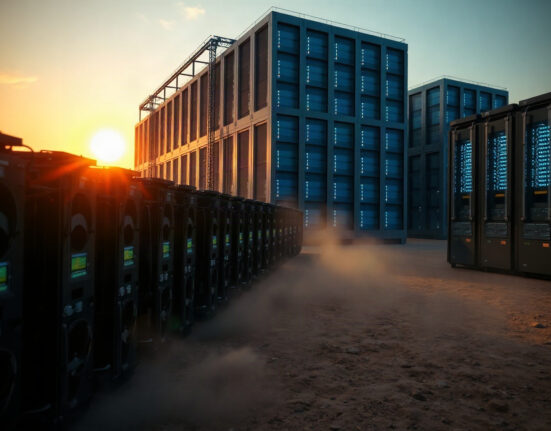 Bitcoin mining rigs idle as hash rate declines, with AI data center in background