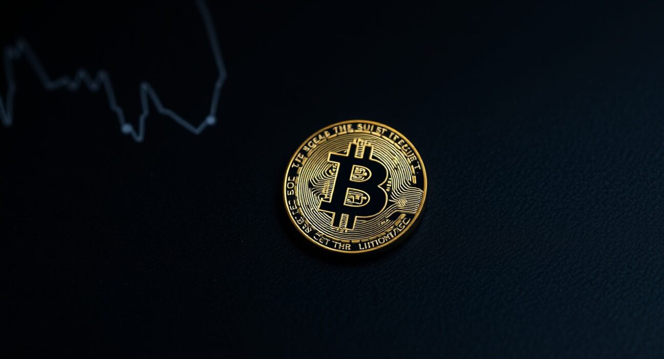 Bitcoin coin on dark surface with faint chart lines, representing on-chain bottom signal analysis