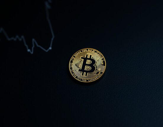 Bitcoin coin on dark surface with faint chart lines, representing on-chain bottom signal analysis