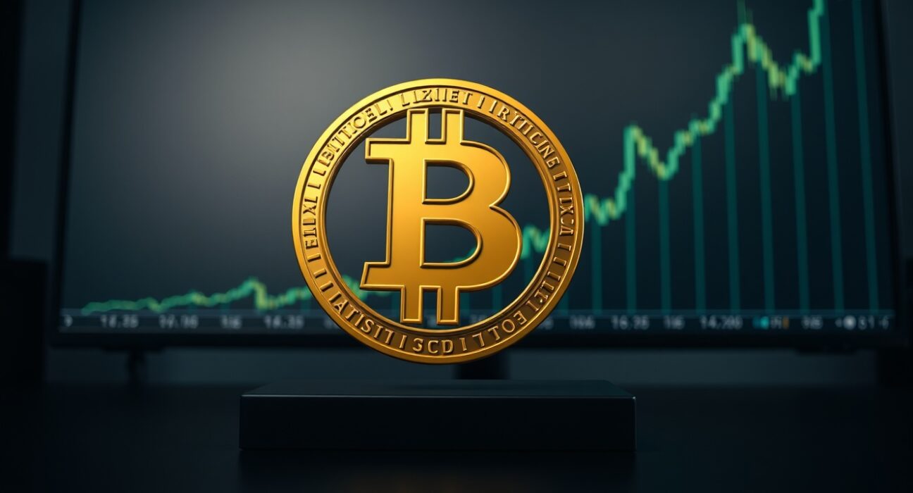 Bitcoin logo with a green financial chart in the background, representing a sudden market price surge.