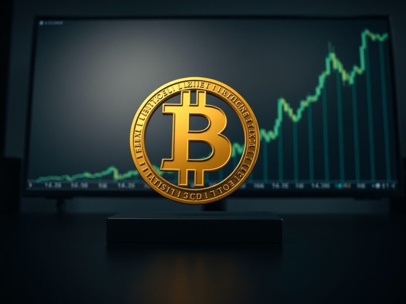 Bitcoin logo with a green financial chart in the background, representing a sudden market price surge.