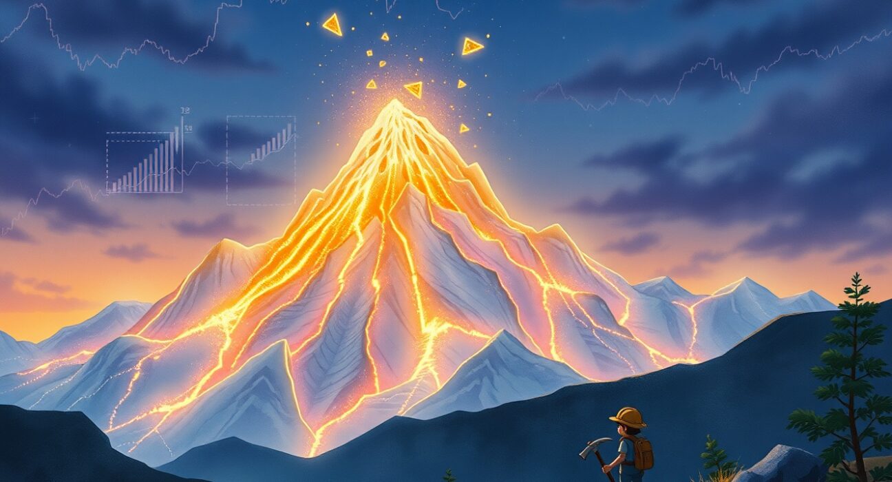 Bitcoin's declining market value represented as a crumbling digital mountain in a fantastical landscape.