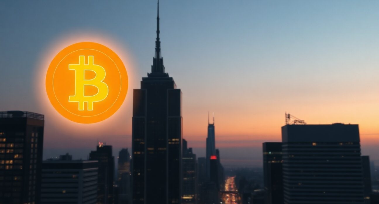 Digital Bitcoin symbol over a city skyline at dusk, representing global money supply and cryptocurrency