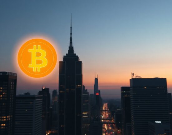 Digital Bitcoin symbol over a city skyline at dusk, representing global money supply and cryptocurrency