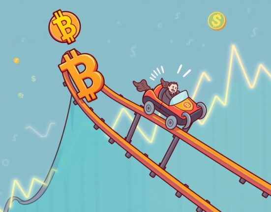 A cartoon illustrating the dramatic Bitcoin flash crash and recovery as a volatile rollercoaster ride.