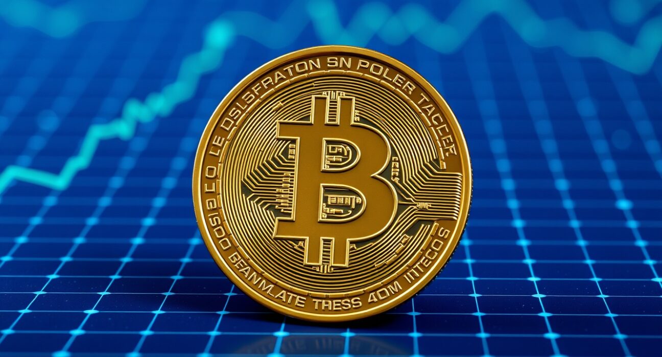 Bitcoin coin on a digital grid background representing the $60K floor identified by Bernstein analysts.