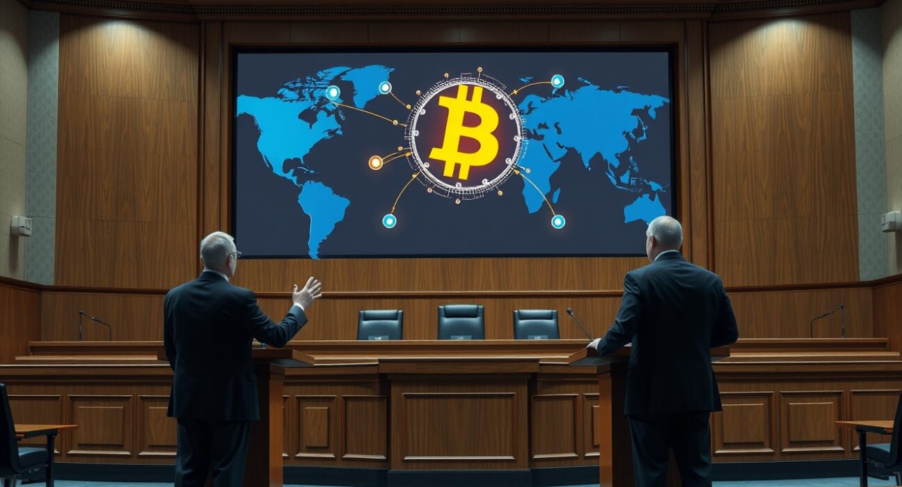 Federal appeals courtroom with lawyers arguing before a judge, a digital screen showing a Bitcoin and global network graphic in the background.