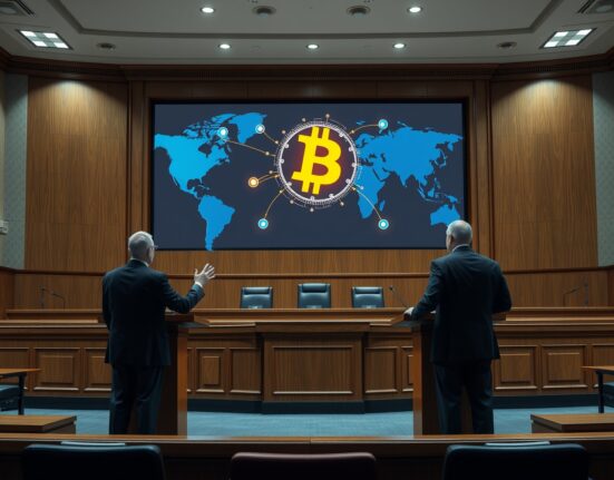 Federal appeals courtroom with lawyers arguing before a judge, a digital screen showing a Bitcoin and global network graphic in the background.