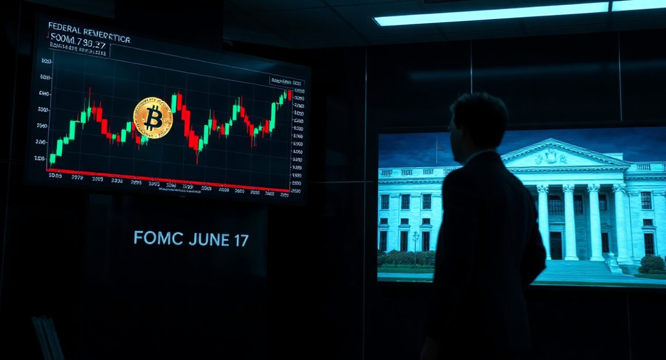 Bitcoin price chart displayed on screens next to Federal Reserve building image, symbolizing FOMC impact on crypto.