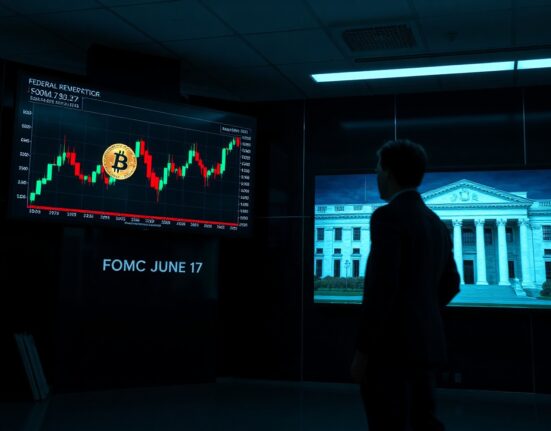 Bitcoin price chart displayed on screens next to Federal Reserve building image, symbolizing FOMC impact on crypto.