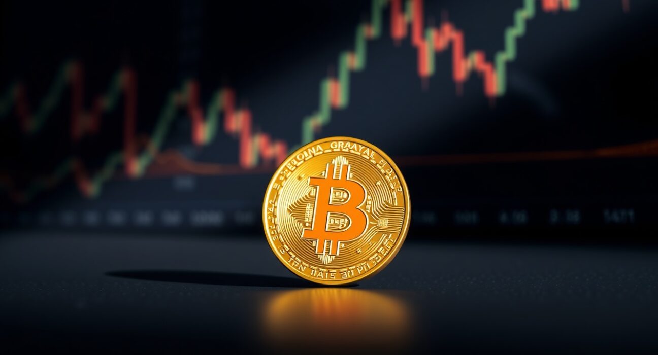 Bitcoin coin on reflective surface with blurred financial charts in background