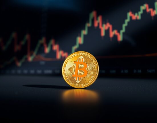 Bitcoin coin on reflective surface with blurred financial charts in background
