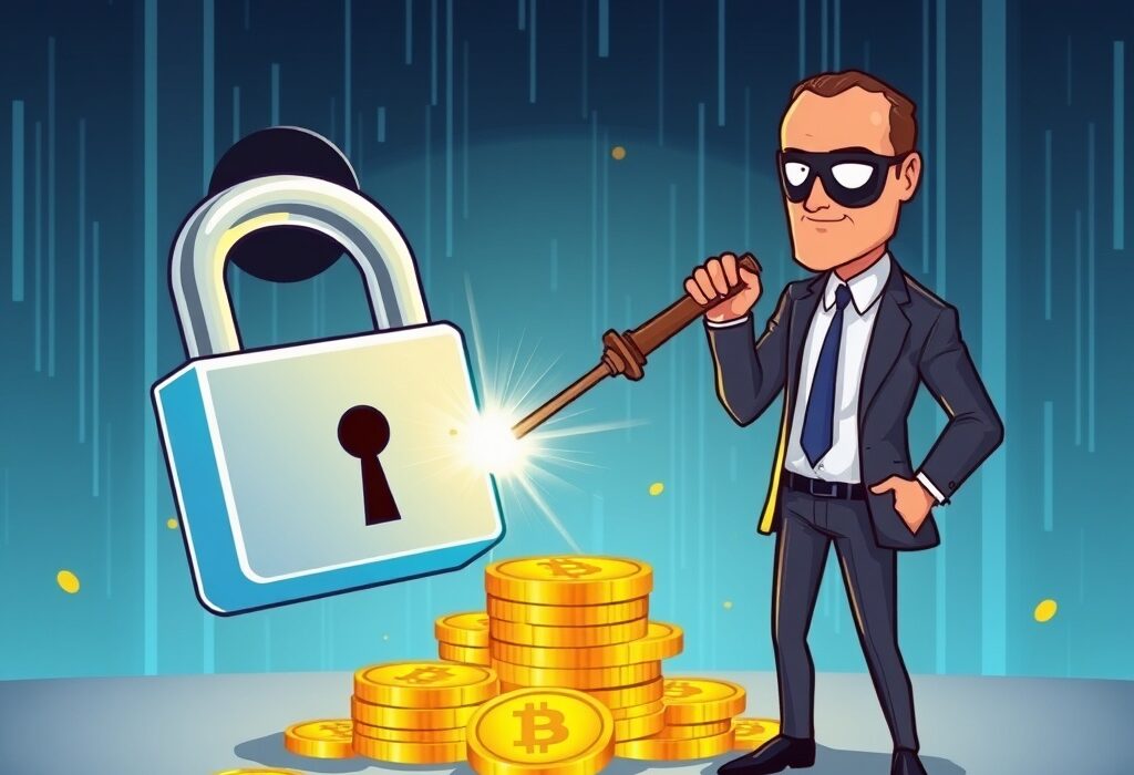 A cartoon illustration showing the U.S. DOJ's successful action leading to Bitcoin forfeiture from a ransomware group.