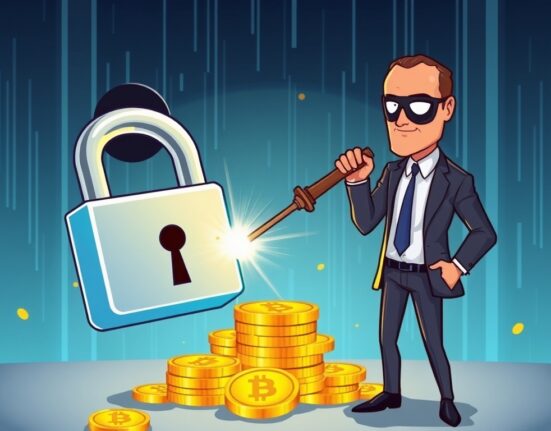 A cartoon illustration showing the U.S. DOJ's successful action leading to Bitcoin forfeiture from a ransomware group.