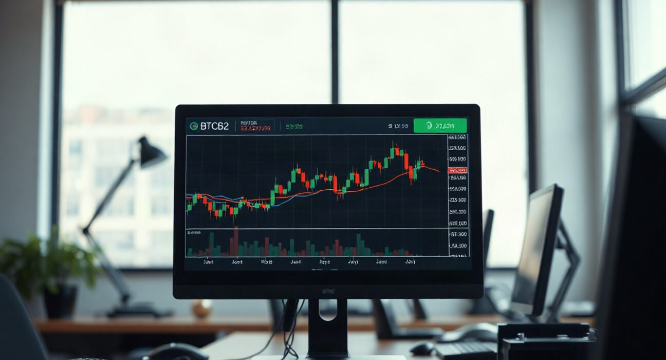 Cryptocurrency trading chart on a monitor showing BTCB2 price data