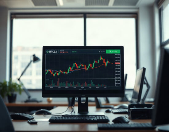 Cryptocurrency trading chart on a monitor showing BTCB2 price data